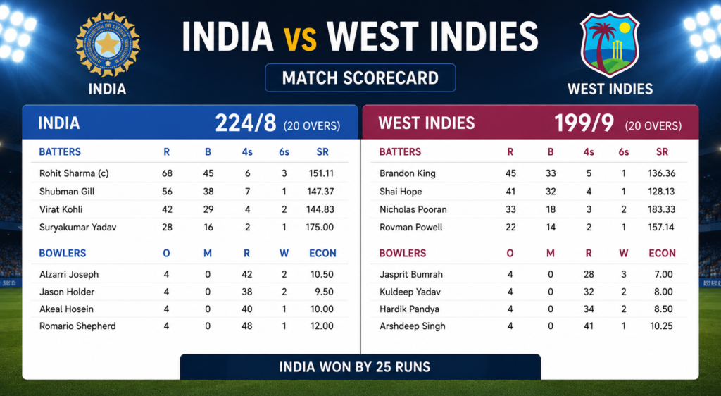 india national cricket team vs west indies cricket team match scorecard
